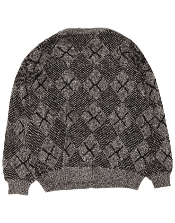 Vintage muški kardigan pulover veliki sivi argyle/dijamantni akril