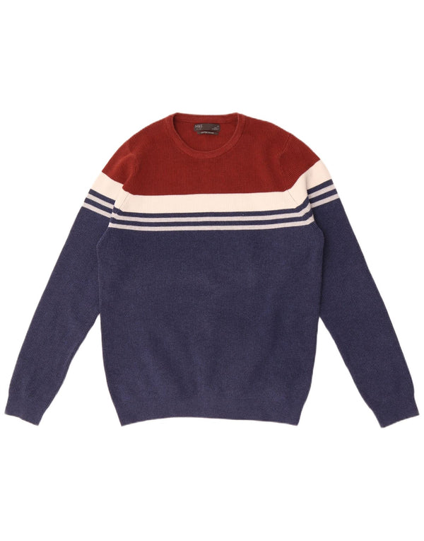 Marks & Spencer Mens Crew Neck Jumper Sweater Medium Navy Blue Colourblock