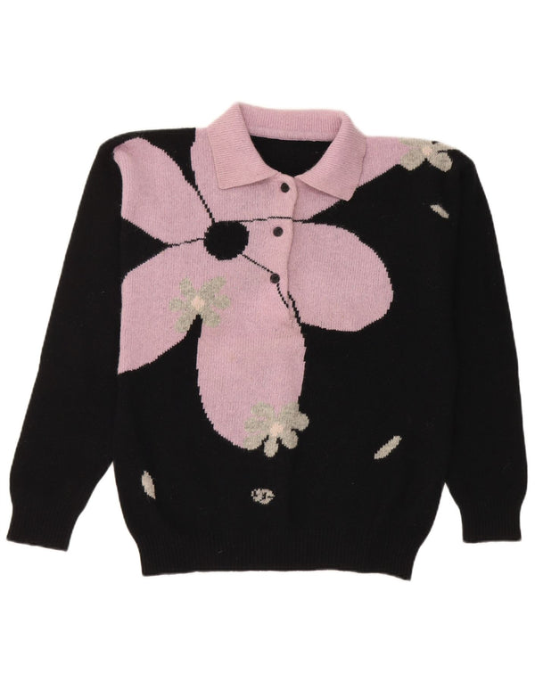 Vintage ženski džemper s polo izrezom UK 14 srednje crne cvjetne janjeće vune