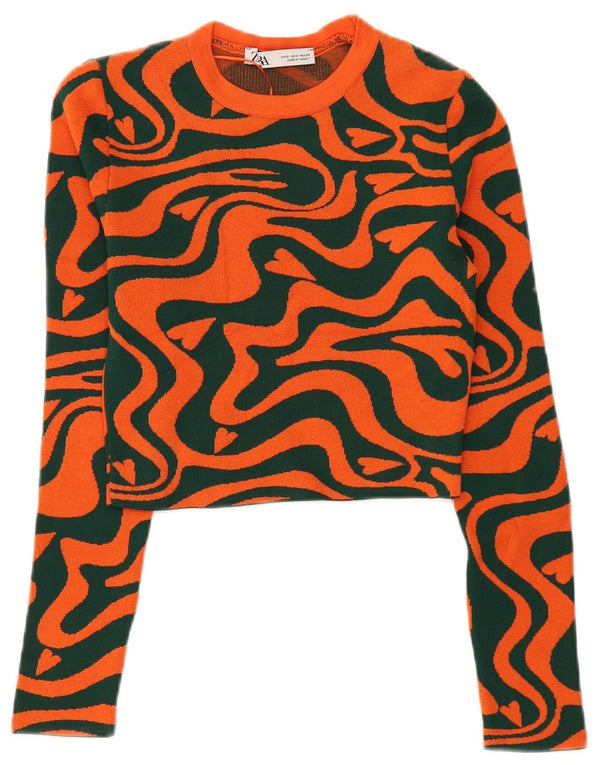 Zara Womens Abstract Pattern Crop Top Long Sleeve UK 8 Small Orange