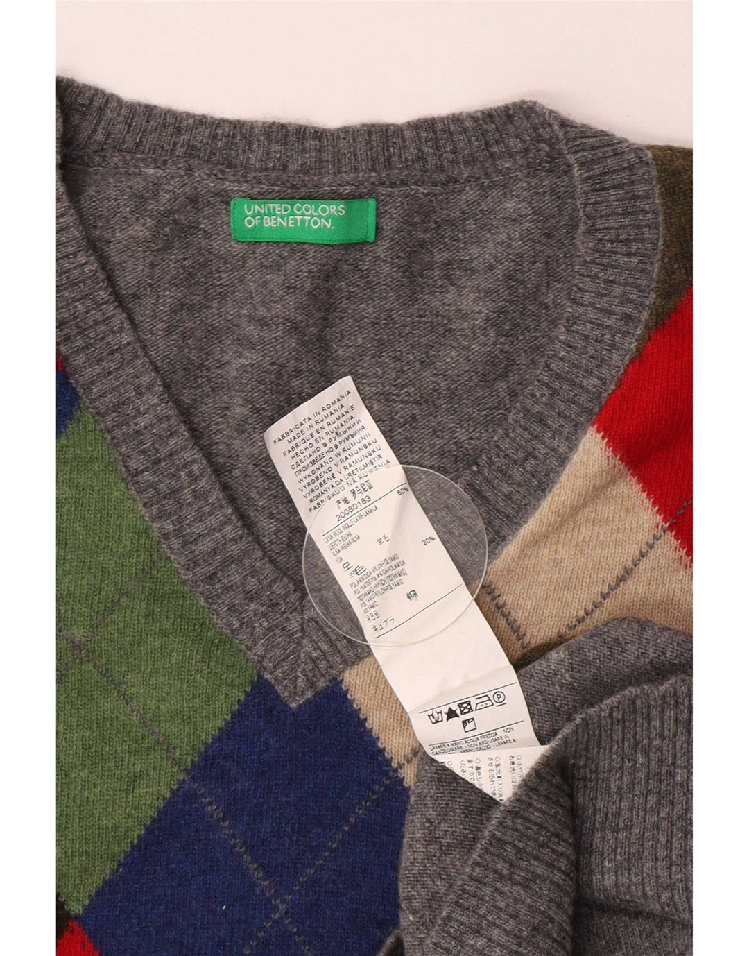 Benetton muški džemper s V-izrezom Srednje sivi Argyle/Diamond Wool