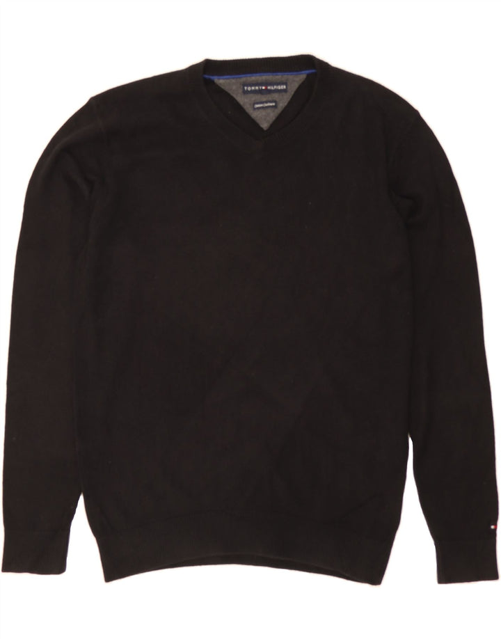 TOMMY HILFIGER Mens V-Neck Jumper Sweater Medium Black Cotton Vintage Tommy Hilfiger and Second-Hand Tommy Hilfiger from Messina Hembry 
