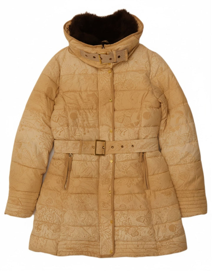 DESIGUAL Womens Padded Coat EU 40 Medium Beige Floral Polyester Butterfly