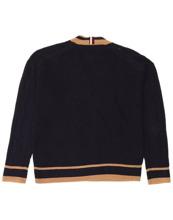 Tommy Hilfiger muški džemper s V-izrezom Srednji tamnoplavi prugasti pamuk