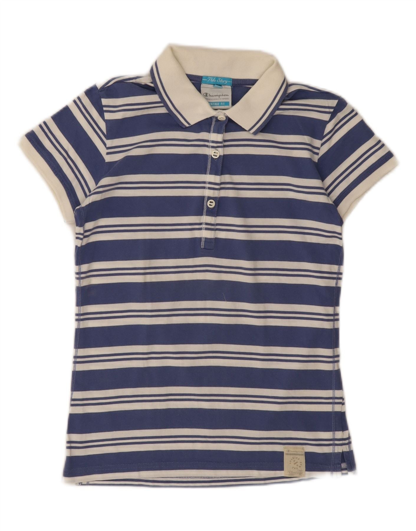 CHAMPION Womens Heritage Fit Polo Shirt UK 10 Small Navy Blue Striped Vintage Champion and Second-Hand Champion from Messina Hembry 