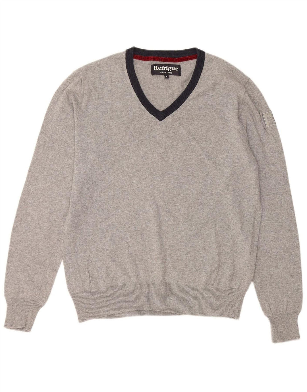 REFRIGUE Mens V-Neck Jumper Sweater Medium Grey Colourblock Cotton