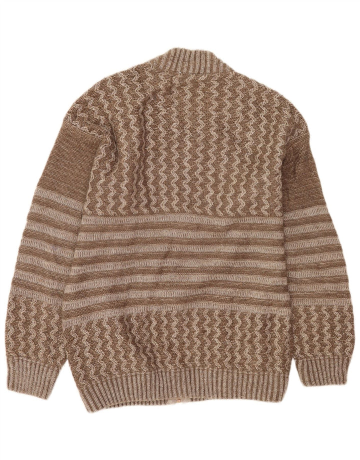 Vintage muški grafički kardigan džemper veliki smeđi patchwork vuneni