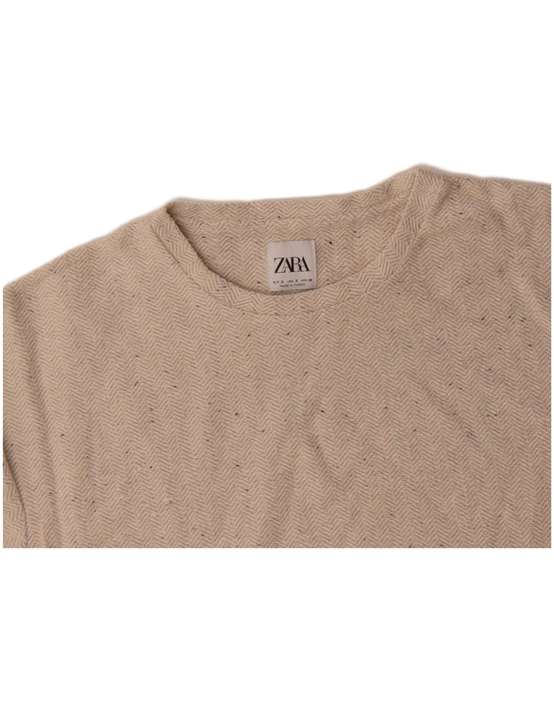 ZARA Mens T-Shirt Top Small Beige Herringbone Cotton