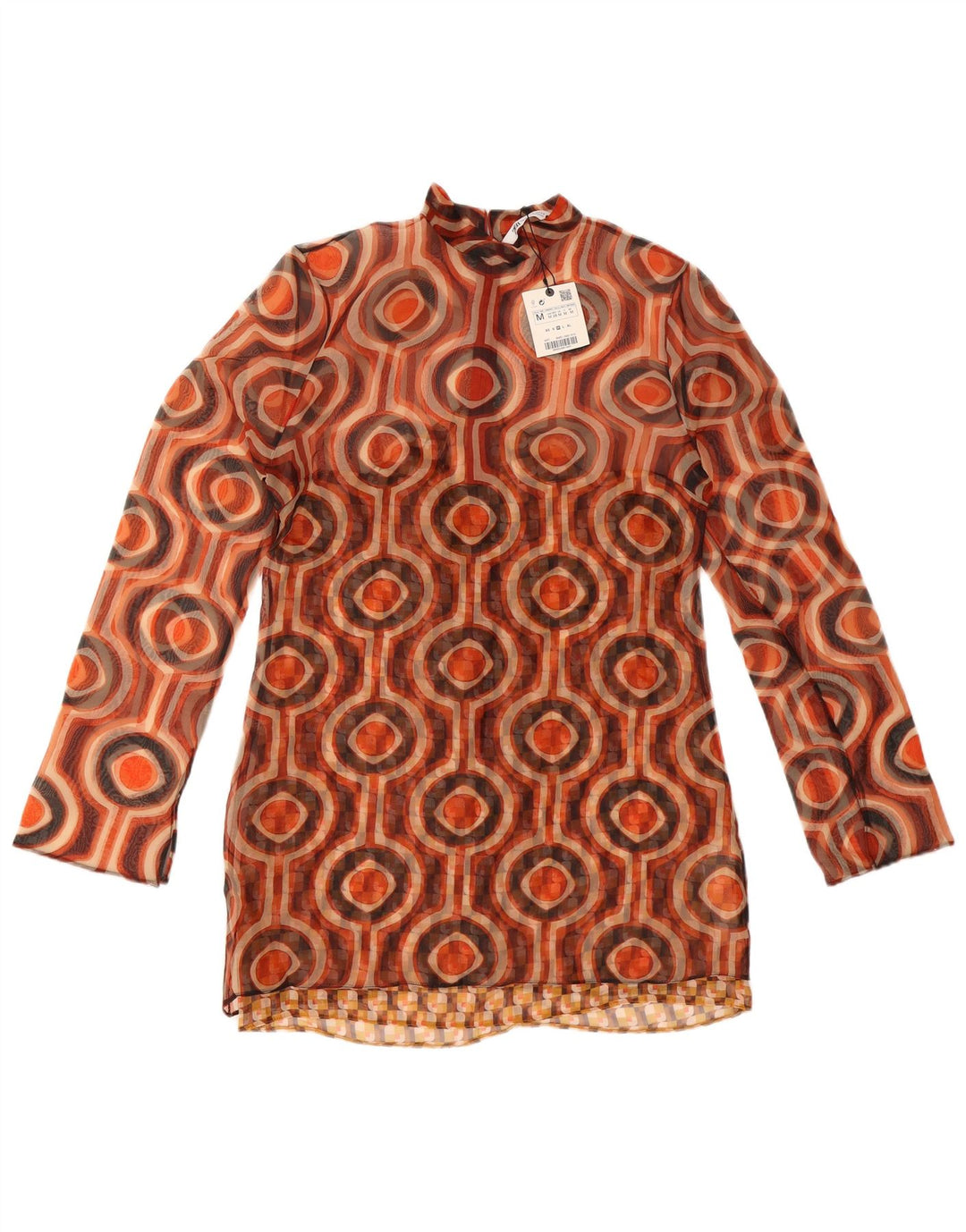 Zara ženska majica s tunikom dugih rukava UK 12 srednje smeđa geometrijska poliesterska odjeća