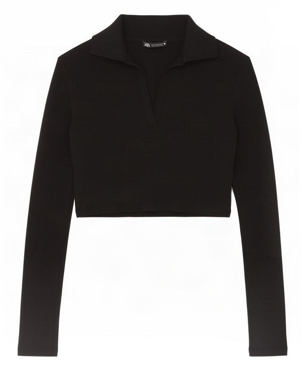 Zara ženska polo majica dugih rukava UK 12 srednje crni pamuk
