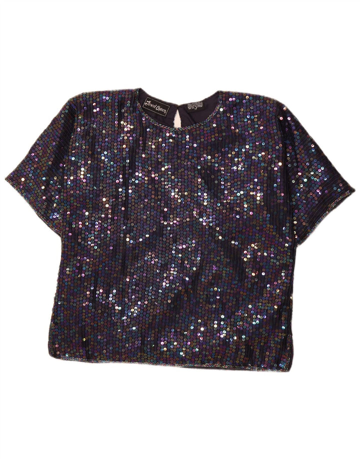 JEWEL QUEEN Womens Sequin Blouse Top UK 12 Medium  Navy Blue Silk