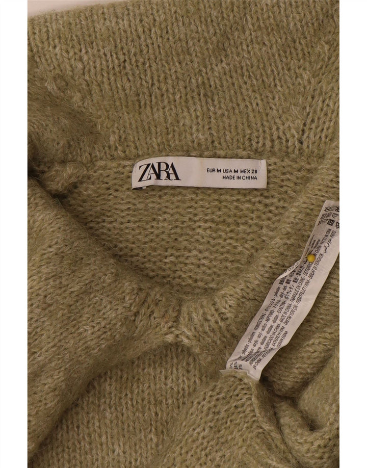Zara ženski džemper s velikim polo izrezom UK 14 Srednji kaki poliester