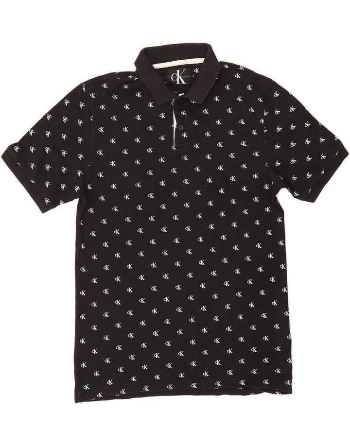 CALVIN KLEIN JEANS Mens Abstract Pattern Polo Shirt Small Black Cotton Vintage Calvin Klein Jeans and Second-Hand Calvin Klein Jeans from Messina Hembry 