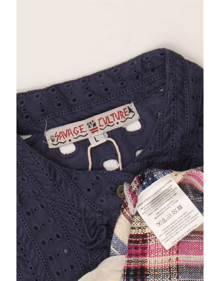 Vintage ženska duga haljina sprijeda s volanima UK 14 Veliki tamnoplavi patchwork
