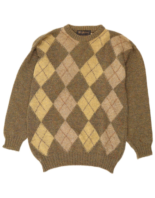 Vintage muški džemper s okruglim izrezom UK 40 Srednji kaki Argyle/Diamond