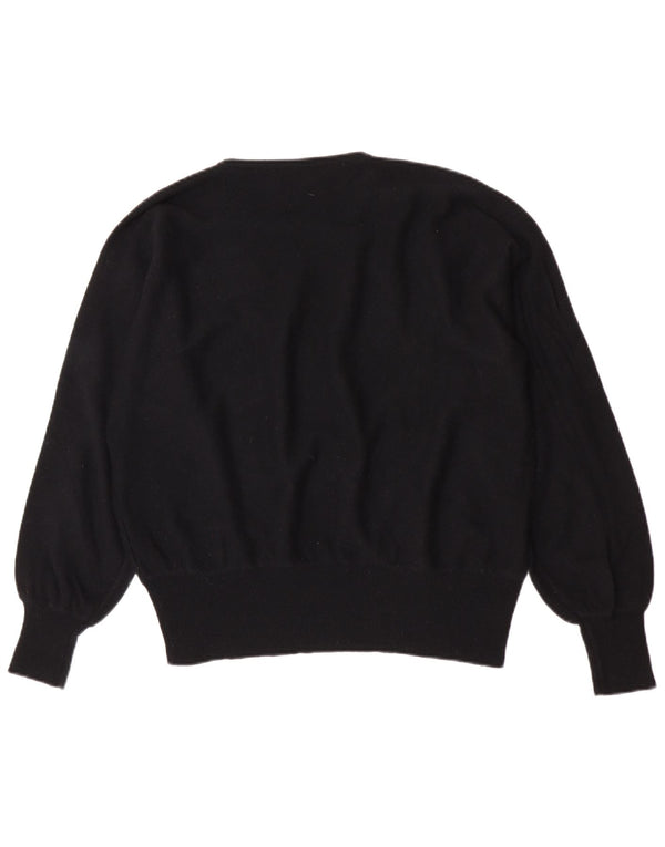 Vintage ženski džemper s okruglim izrezom UK 16 Veliki crni vuneni cvjetni pulover