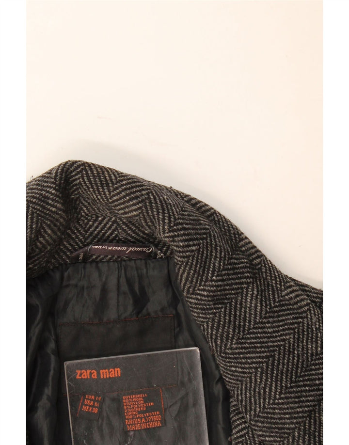 Zara Mens Overcoat UK 38 Medium Grey Herringbone Wool