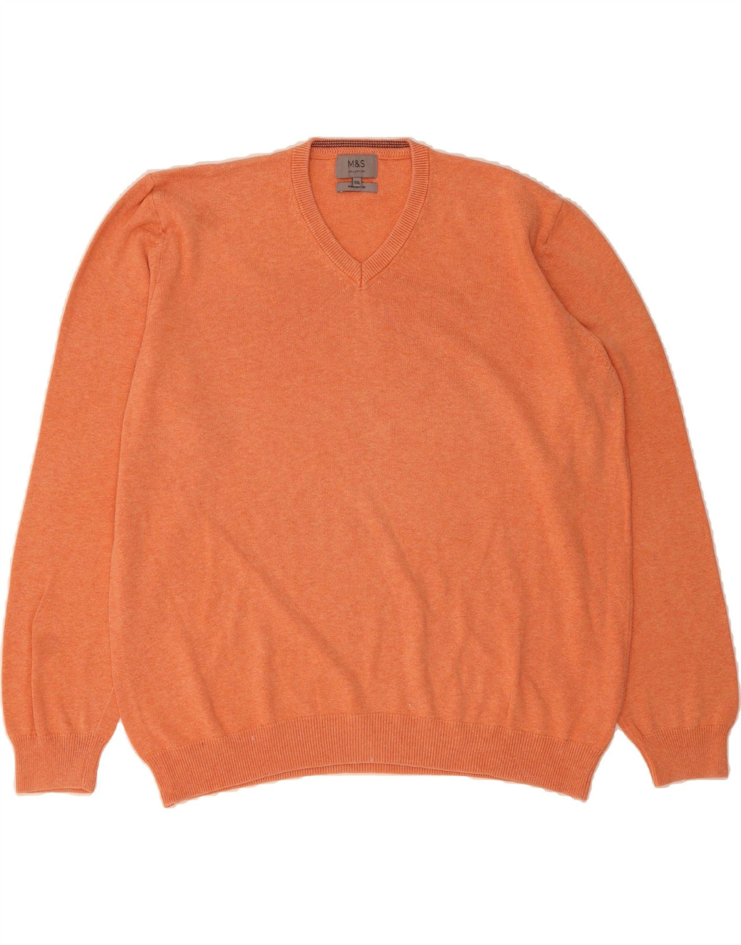 MARKS & SPENCER Mens V-Neck Jumper Sweater 2XL Orange Cotton Vintage Marks & Spencer and Second-Hand Marks & Spencer from Messina Hembry 