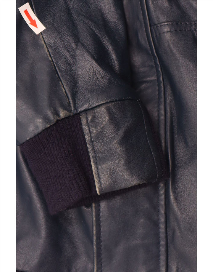 VINTAGE ženska kožna jakna s kapuljačom UK 14 Velika tamnoplava koža