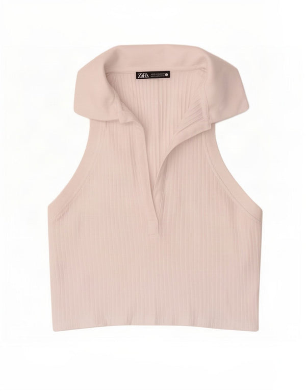 Zara ženska polo majica bez rukava UK 12 Srednje bijeli pamuk