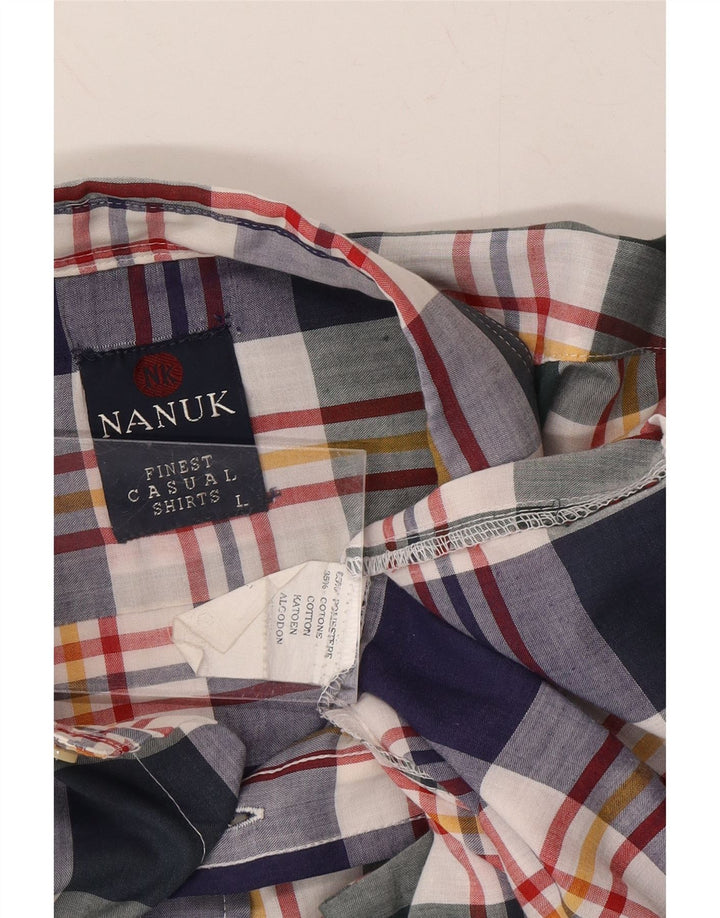 VINTAGE Mens Short Sleeve Shirt Large Navy Blue Check Polyester Vintage Vintage and Second-Hand Vintage from Messina Hembry 