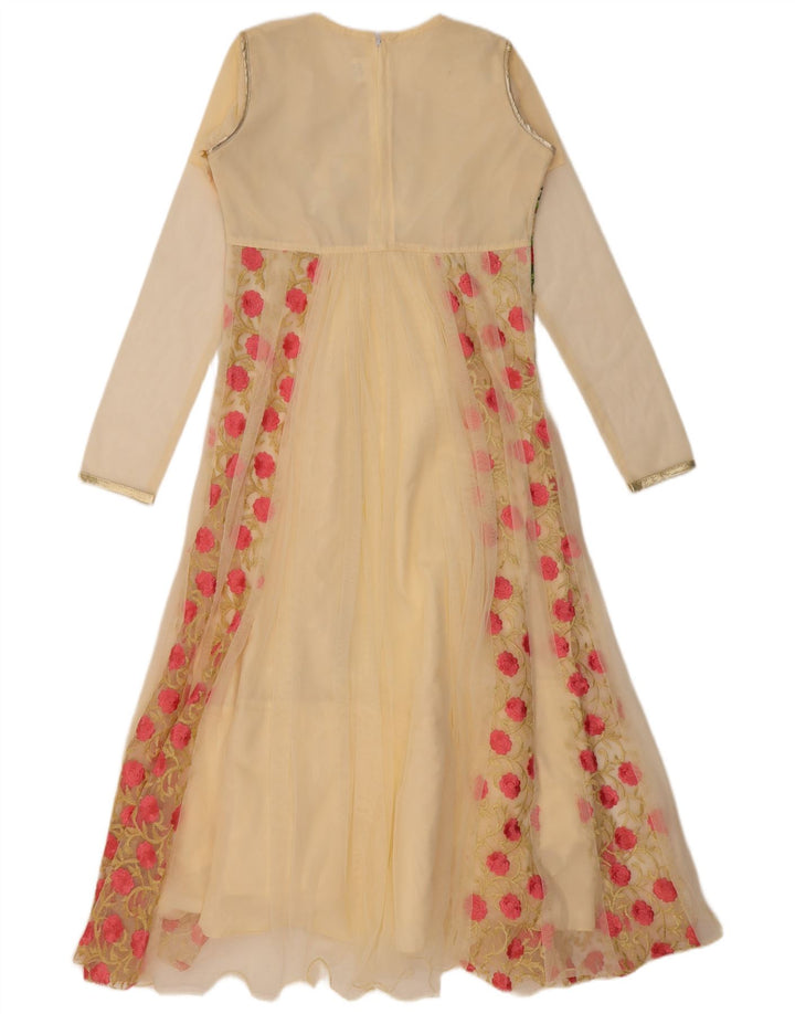 VINTAGE ženska haljina A-kroja dugih rukava US 6 srednje bež cvjetne boje