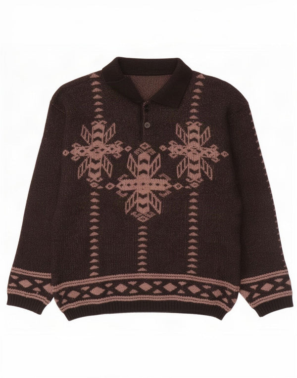 Vintage muški pulover s polo ovratnikom IT 50 srednje smeđe boje Fair Isle