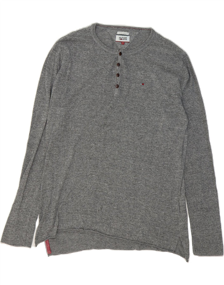 TOMMY HILFIGER Mens Button Neck Jumper Sweater Small Grey Flecked Cotton Vintage Tommy Hilfiger and Second-Hand Tommy Hilfiger from Messina Hembry 