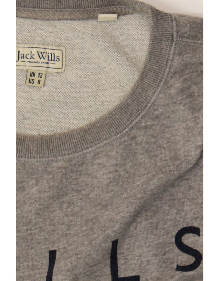 JACK WILLS Womens Graphic Sweatshirt Jumper UK 12 Medium  Grey Cotton Vintage Jack Wills and Second-Hand Jack Wills from Messina Hembry 