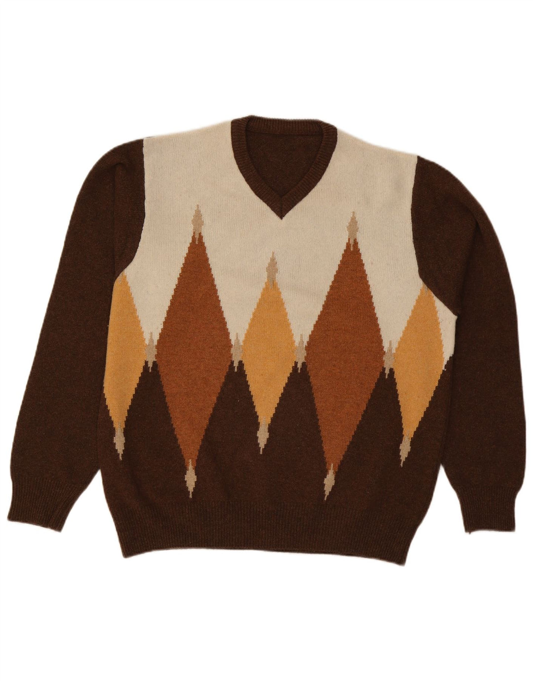 Vintage muški džemper s V-izrezom Veliki smeđi Argyle/Diamond