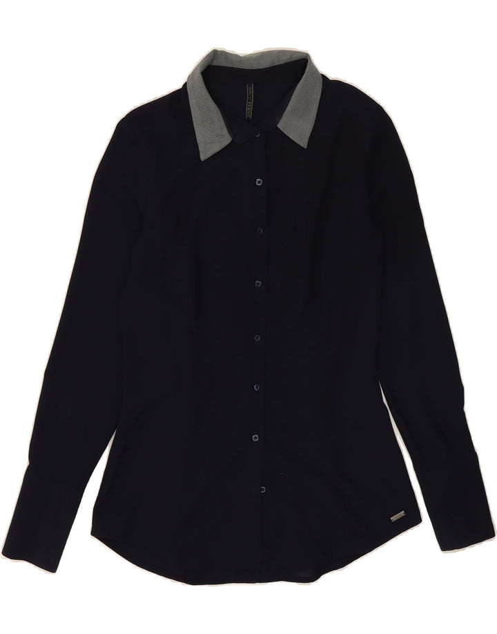 GUESS Womens Shirt UK 12 Medium Navy Blue Polyester Vintage Guess and Second-Hand Guess from Messina Hembry 