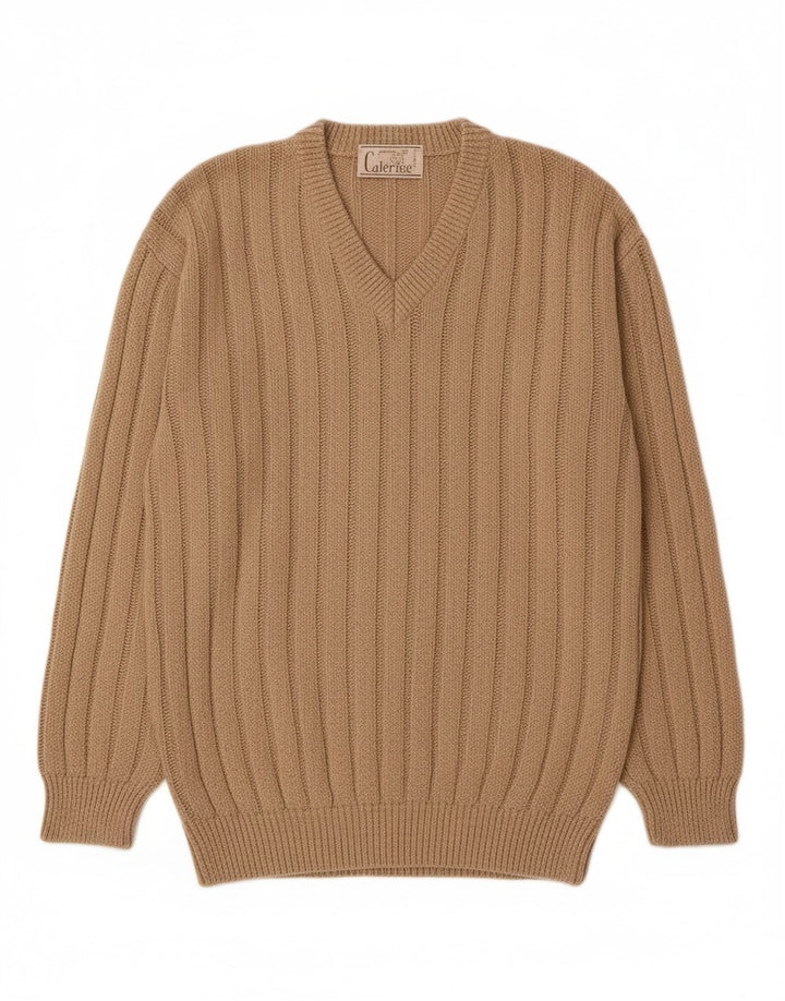 VINTAGE Mens V-Neck Jumper Sweater Medium Brown Cotton