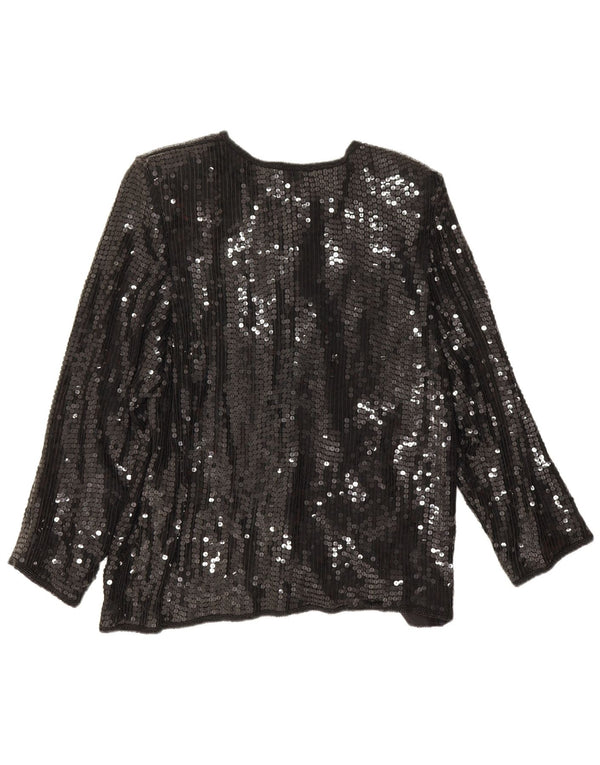 Vintage Womens Sequin Shirt Blouse UK 14 Medium Black Silk