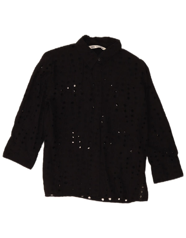 Zara ženska košulja bluza 3/4 rukava UK 14 Srednji crni pamuk
