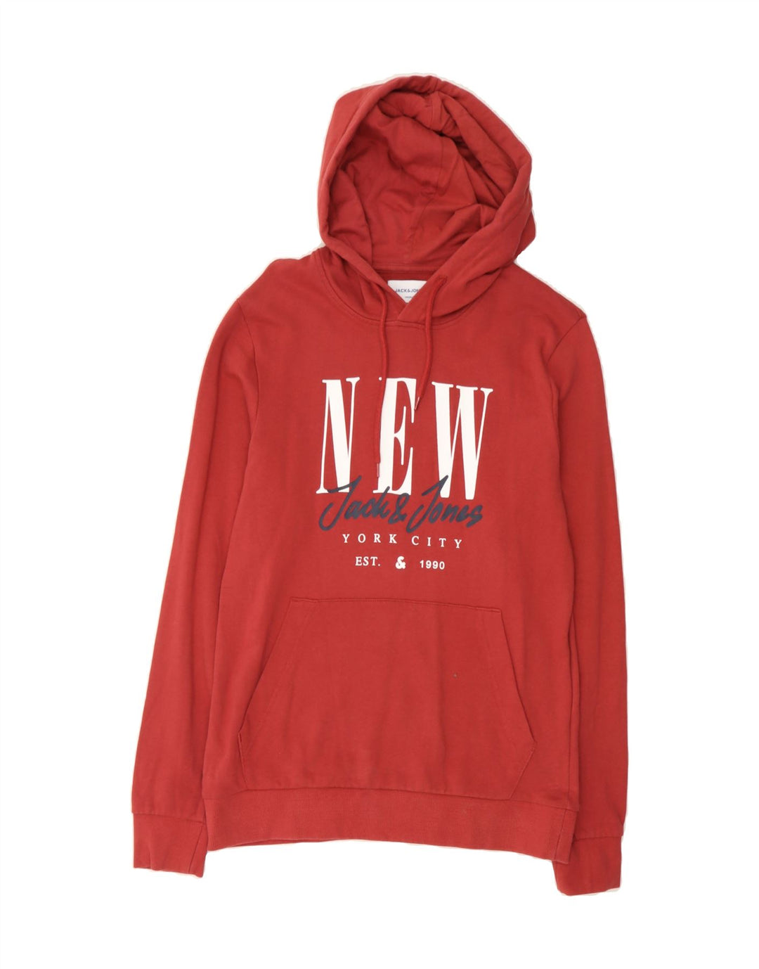 JACK & JONES Mens Graphic Hoodie Jumper Medium Red Cotton Vintage Jack & Jones and Second-Hand Jack & Jones from Messina Hembry 