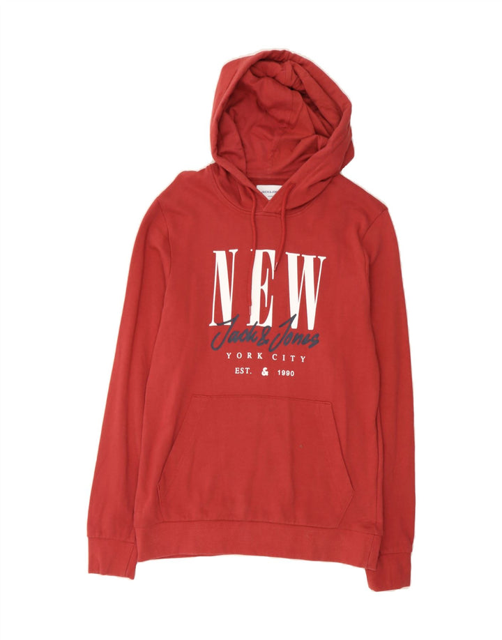 JACK & JONES Mens Graphic Hoodie Jumper Medium Red Cotton Vintage Jack & Jones and Second-Hand Jack & Jones from Messina Hembry 