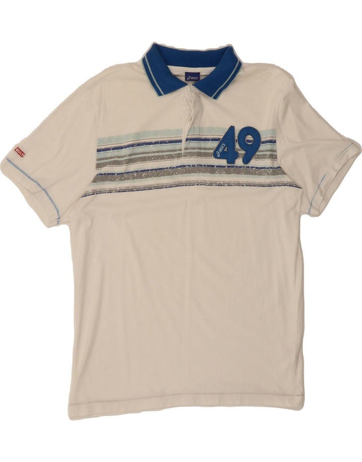 ASICS Mens Polo Shirt Medium White Striped Cotton Vintage Asics and Second-Hand Asics from Messina Hembry 
