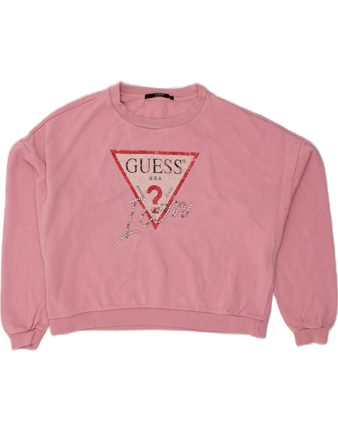 GUESS Womens Oversized Crop Graphic Sweatshirt Jumper UK 14 Medium Pink Vintage Guess and Second-Hand Guess from Messina Hembry 