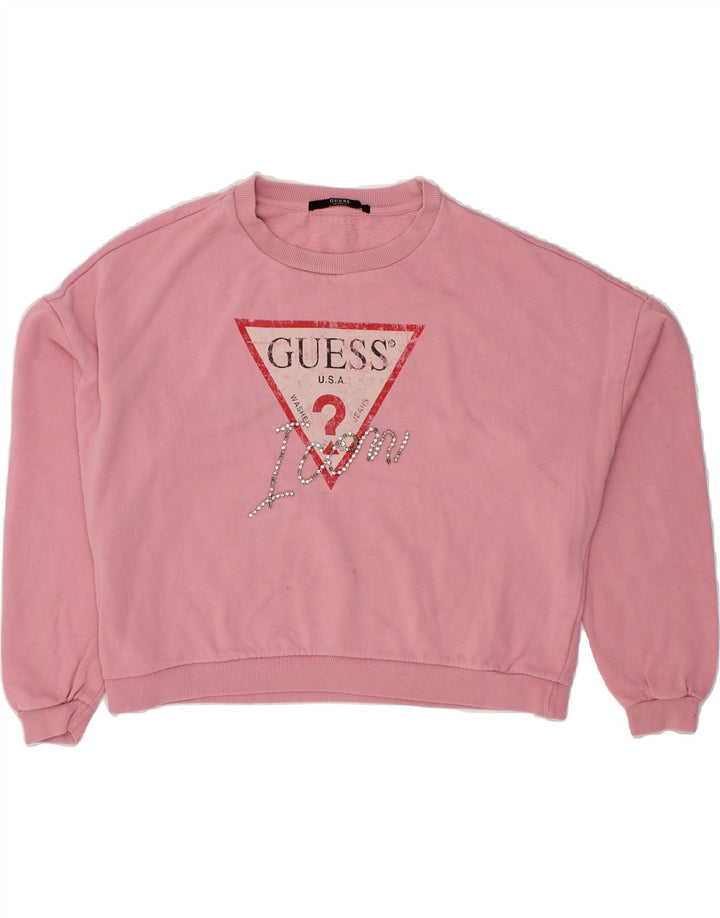 GUESS Womens Oversized Crop Graphic Sweatshirt Jumper UK 14 Medium Pink Vintage Guess and Second-Hand Guess from Messina Hembry 