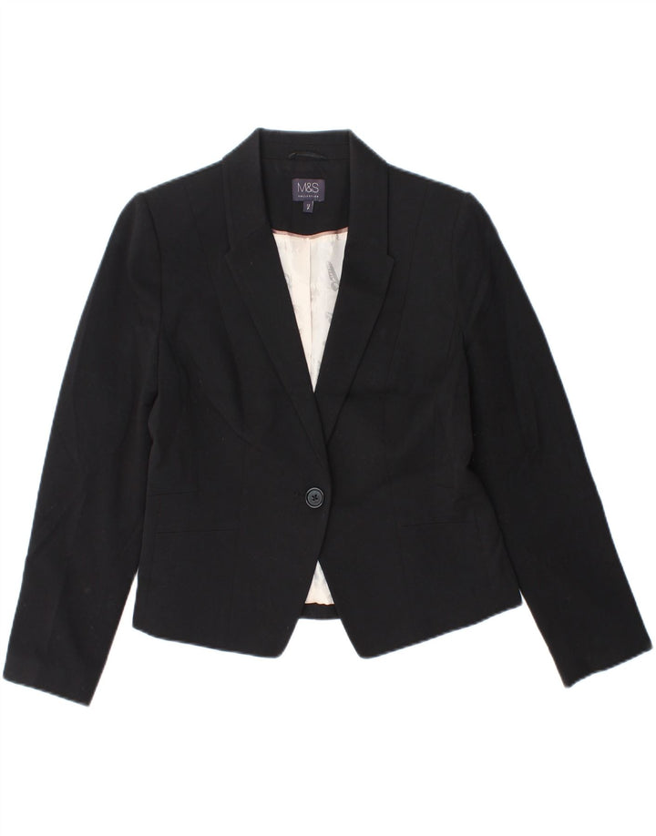 MARKS & SPENCER Womens 1 Button Blazer Jacket UK 12 Medium Black Polyester Vintage Marks & Spencer and Second-Hand Marks & Spencer from Messina Hembry 