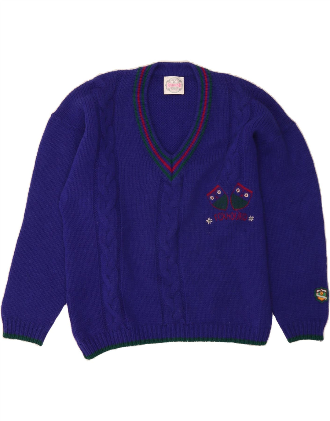 FOXHOUND Mens Graphic V-Neck Jumper Sweater Medium Purple Wool Vintage Foxhound and Second-Hand Foxhound from Messina Hembry 