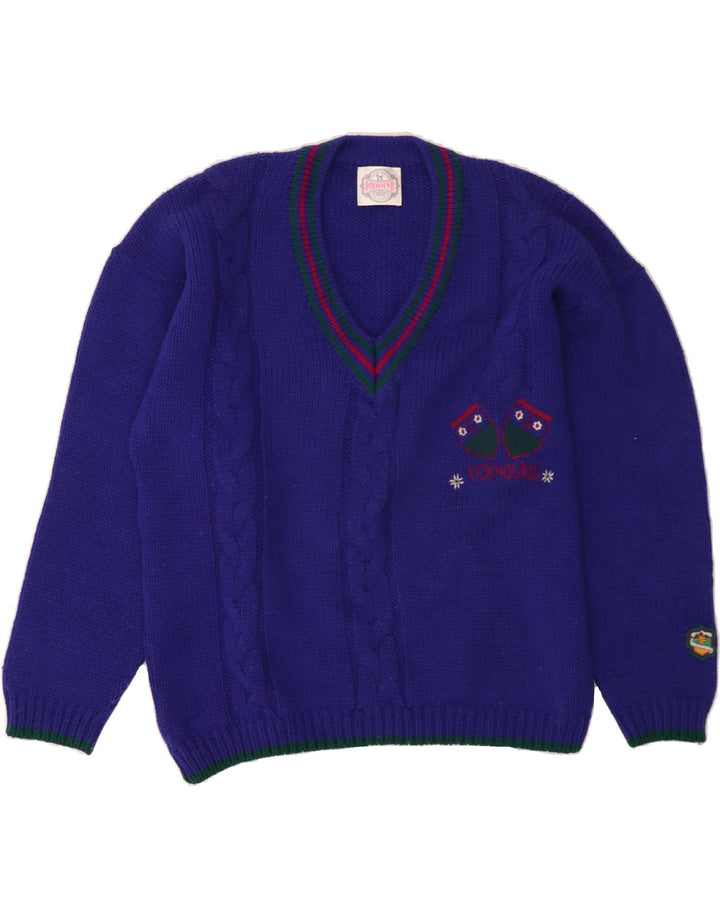 FOXHOUND Mens Graphic V-Neck Jumper Sweater Medium Purple Wool Vintage Foxhound and Second-Hand Foxhound from Messina Hembry 