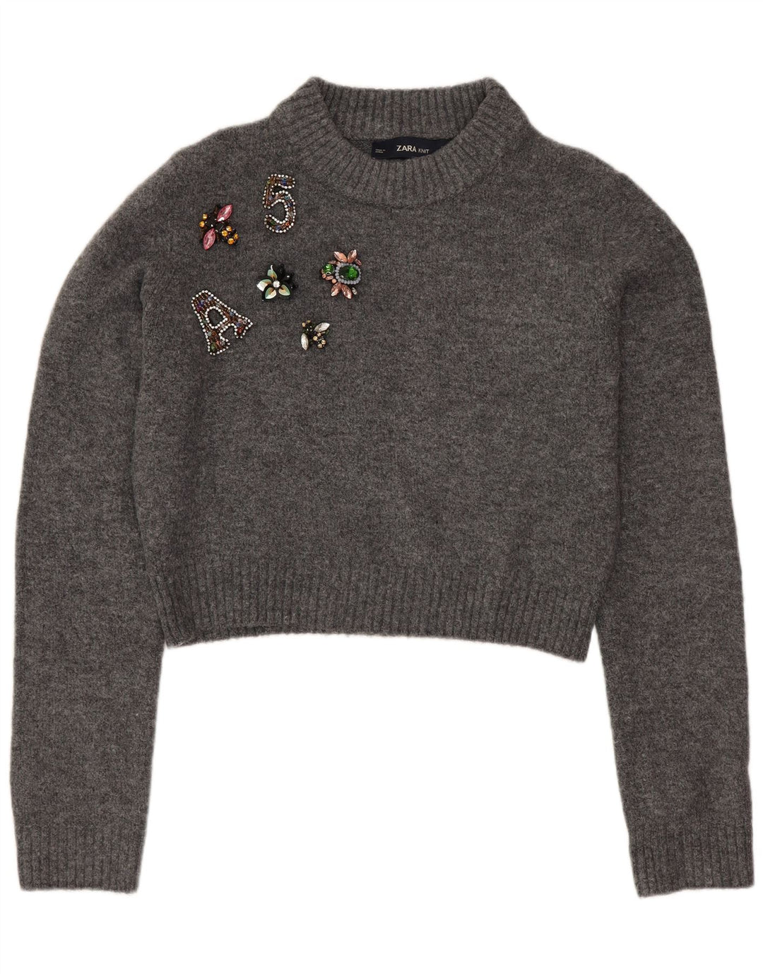 Zara ženski džemper s okruglim izrezom s velikim grafičkim detaljima UK 10 Small Gray