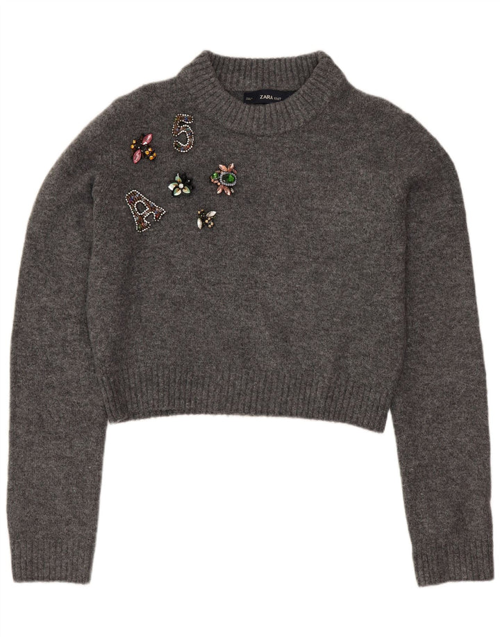 Zara ženski džemper s okruglim izrezom s velikim grafičkim detaljima UK 10 Small Gray