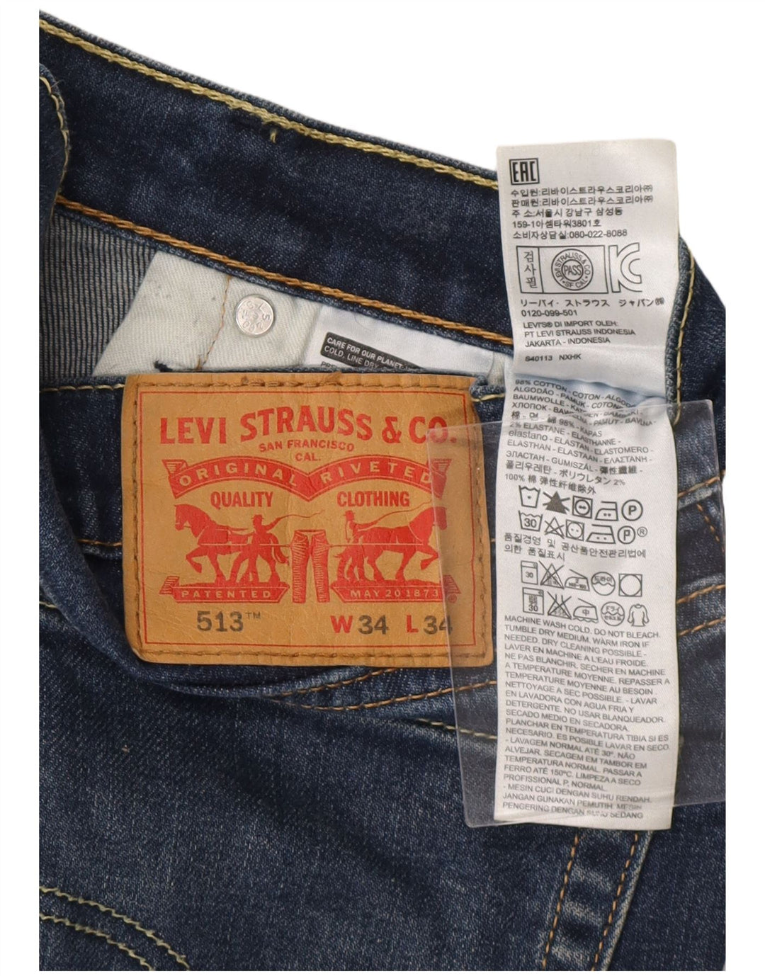 LEVI'S muške 513 uske ravne traperice W34 L34 plavi pamuk