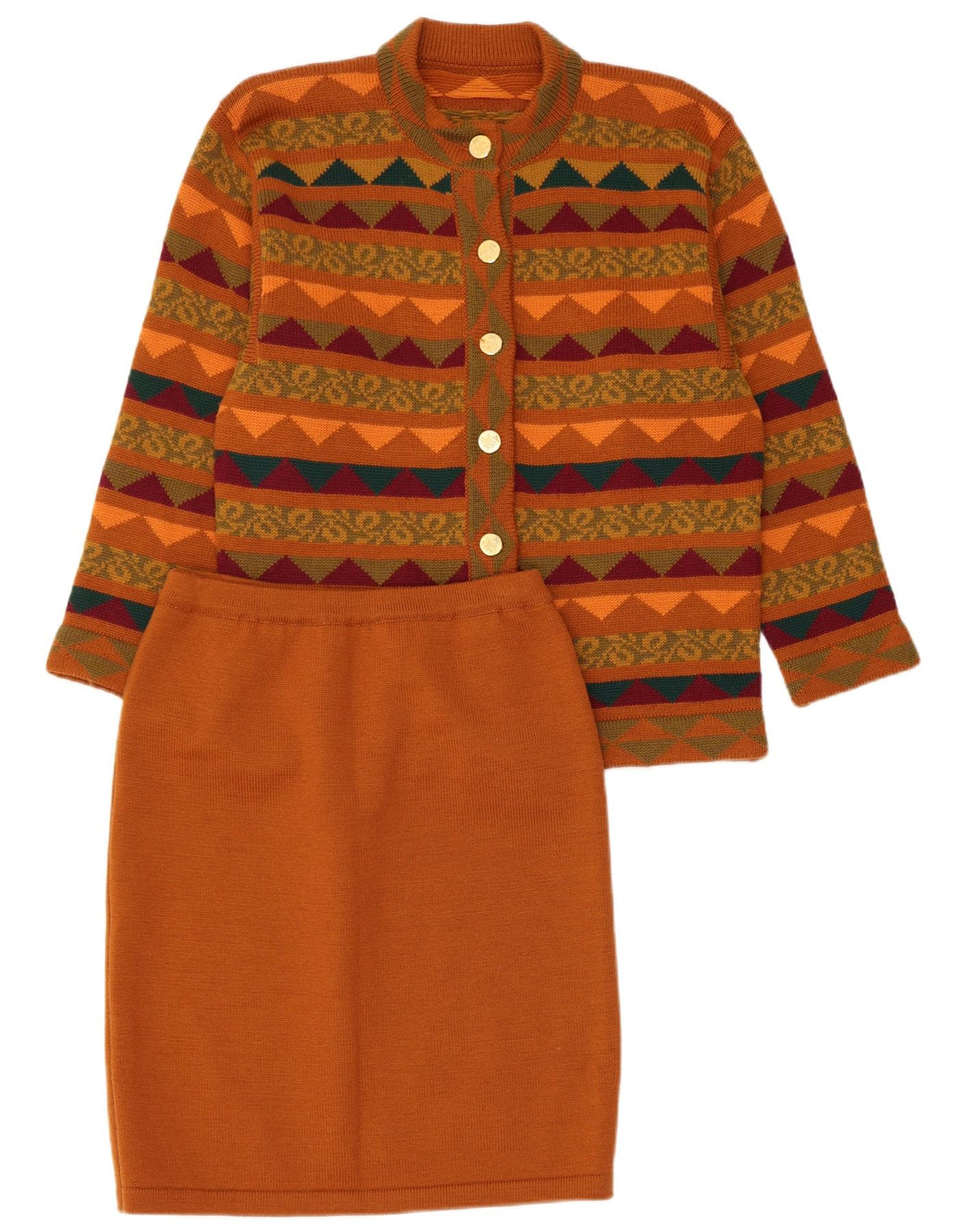 VINTAGE ženski pleteni dvodijelni komplet suknji UK 14 Srednje W28 Smeđi geometrijski