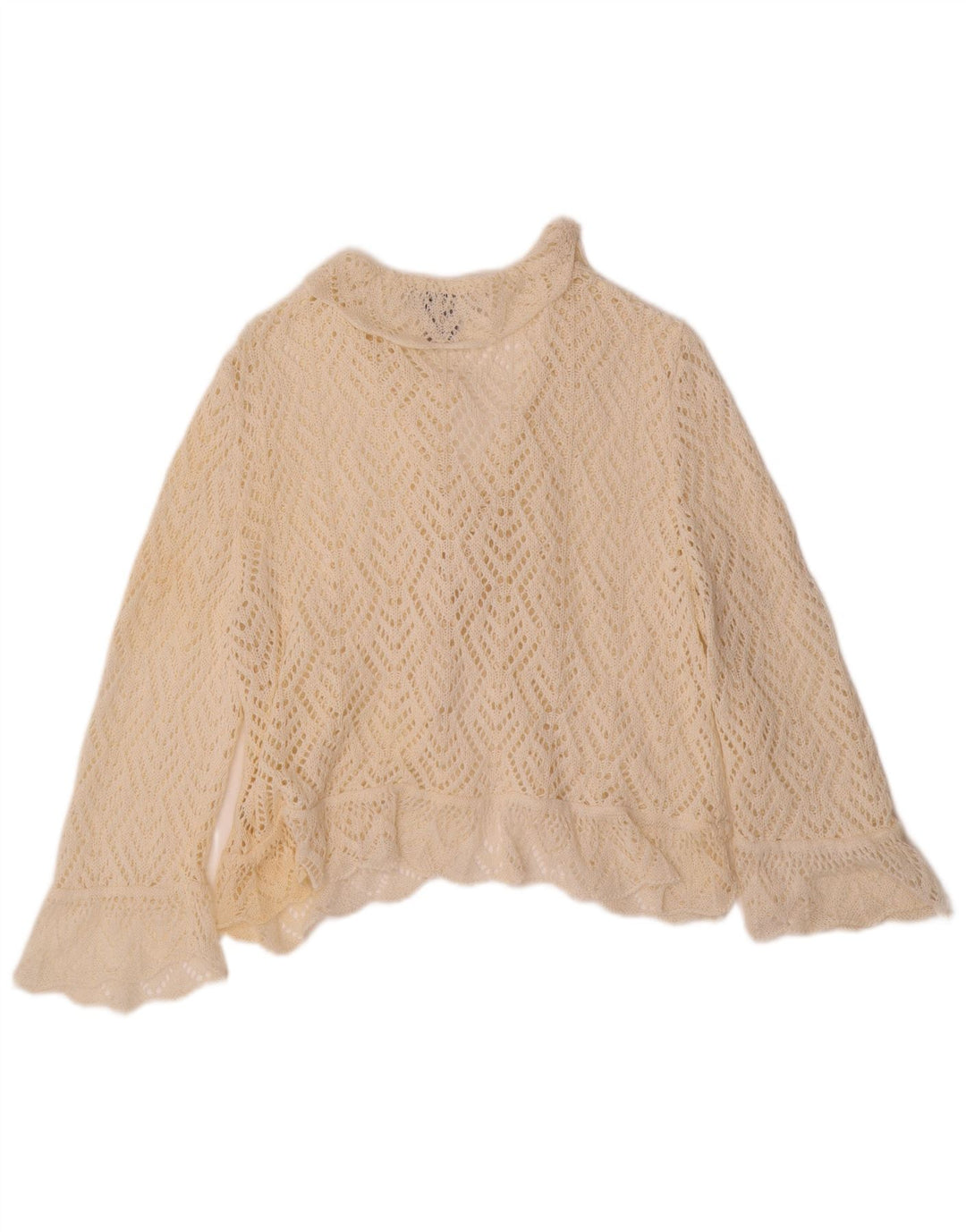 VINTAGE kratki ženski heklani kardigan džemper 3/4 rukava UK 18 XL sivo bijeli