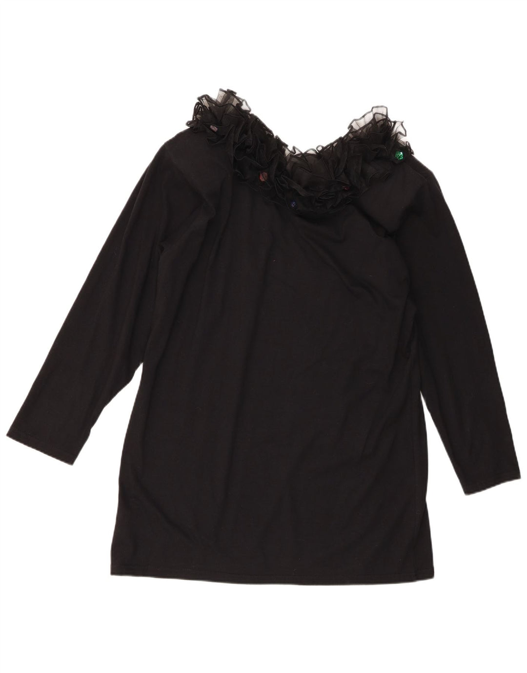 Vintage ženska gornja tunika dugih rukava s volanima UK 16 Veliki crni pamuk