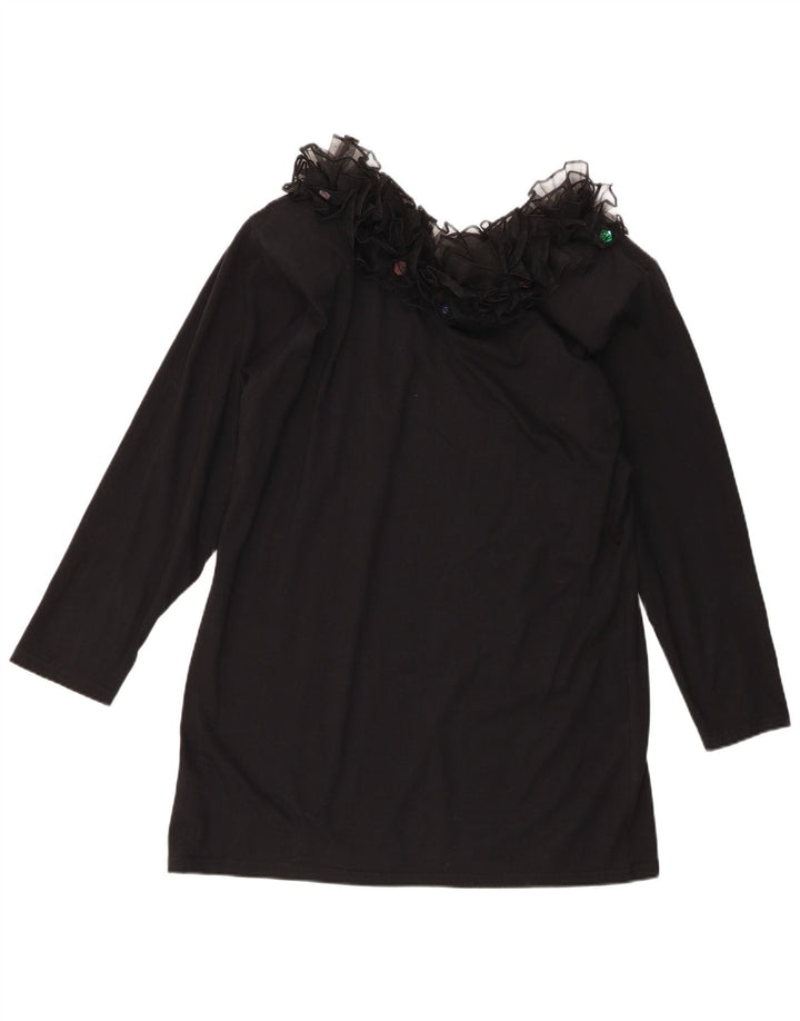 Vintage ženska gornja tunika dugih rukava s volanima UK 16 Veliki crni pamuk