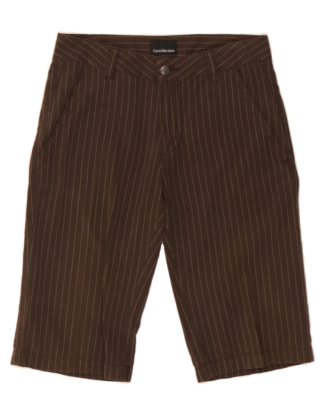 CALVIN KLEIN Womens Chino Shorts W30 Medium Brown Striped Cotton Vintage Calvin Klein and Second-Hand Calvin Klein from Messina Hembry 